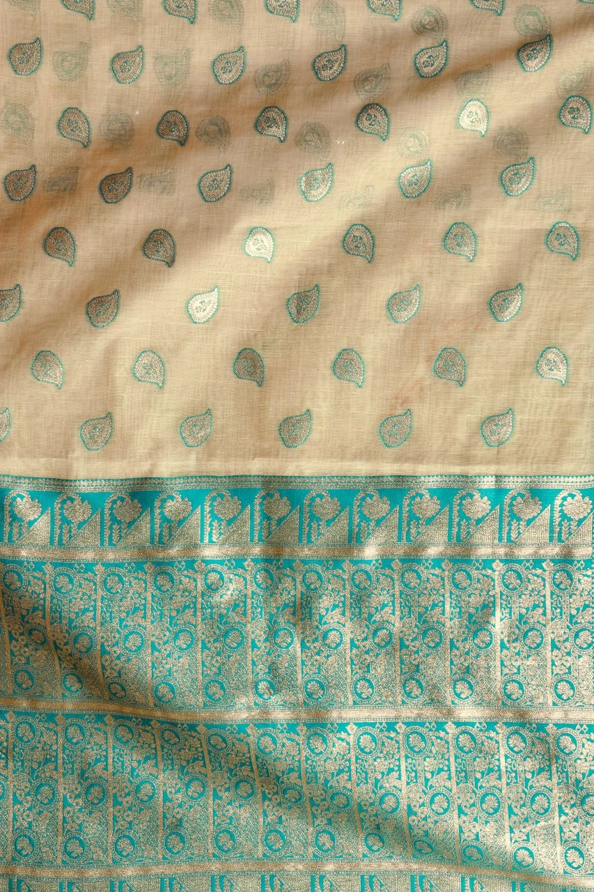 Beige fabric with green pattern and border